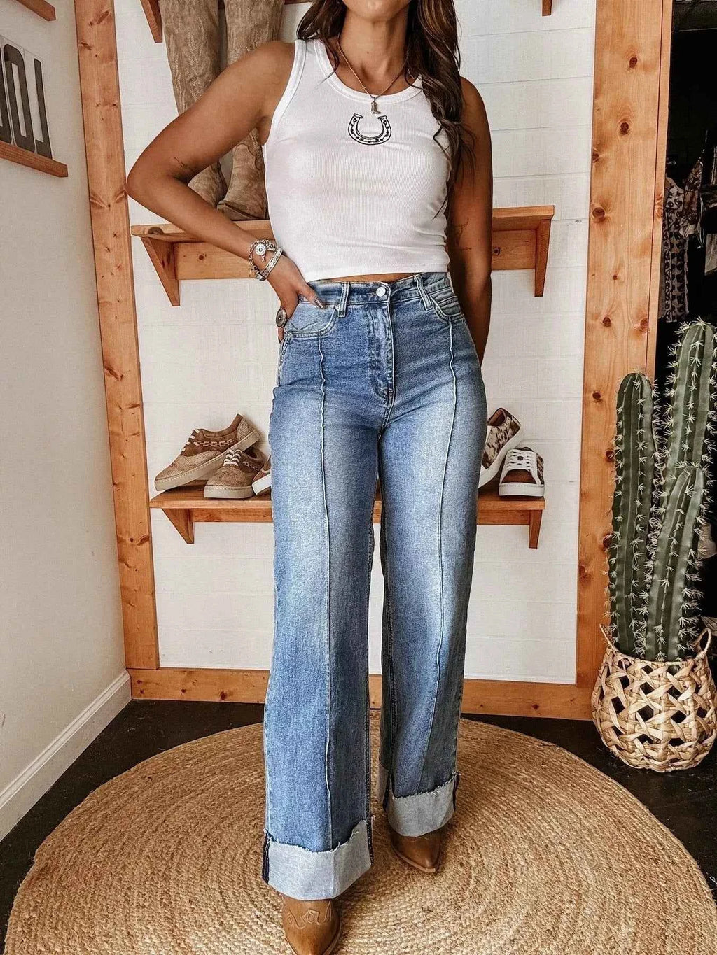 High-Waisted Wide Leg Cuffed Jeans Blue f8d720cb19d94ffb9b0ee25aba67c1a9-Max-Origin