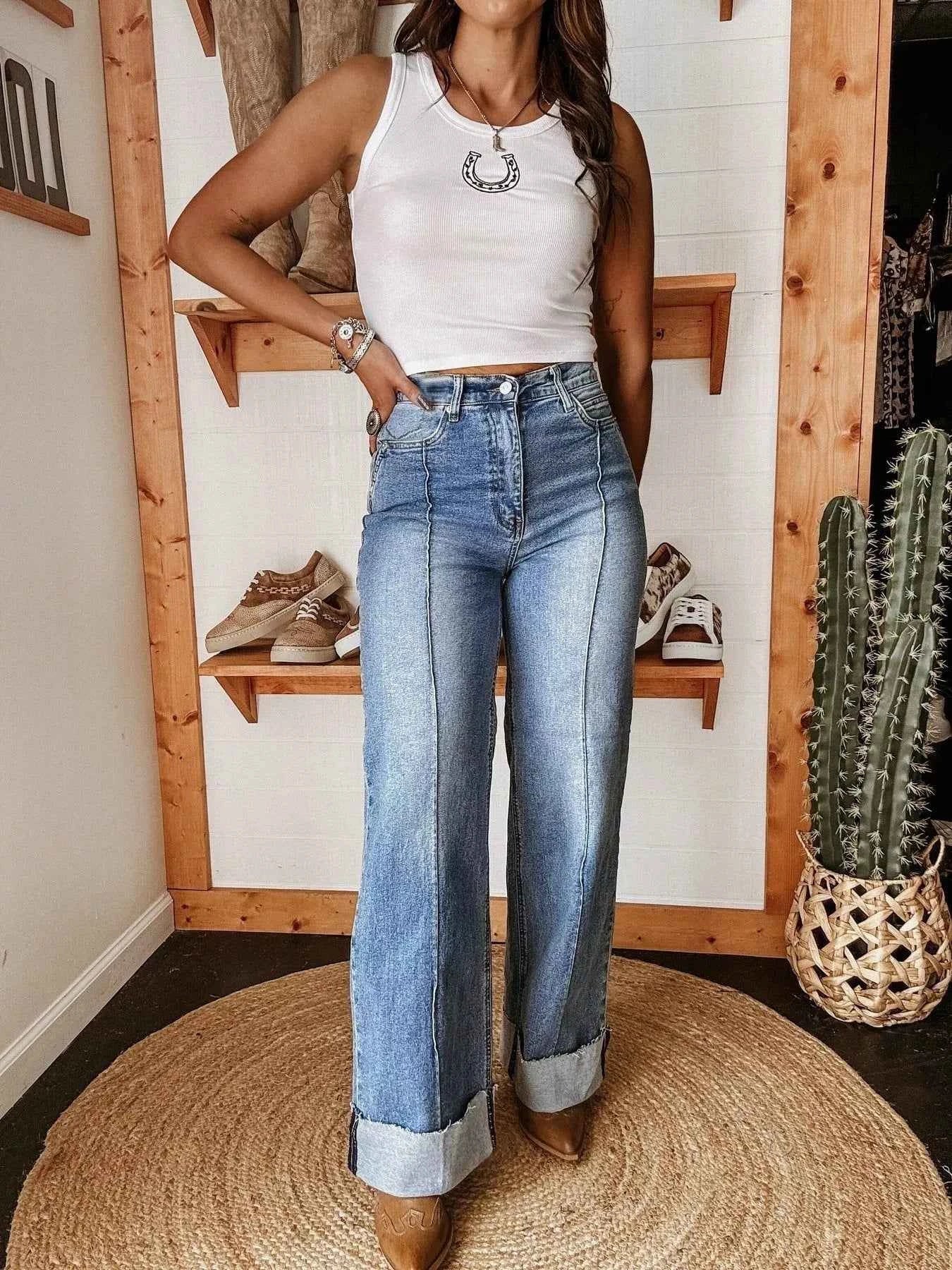 High-Waisted Wide Leg Cuffed Jeans Blue f8d720cb19d94ffb9b0ee25aba67c1a9-Max-Origin