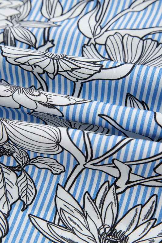 Floral Stripe Polo Collar Short Sleeve Blouse f8e34c22-f57c-46f7-968f-977c7da466ff