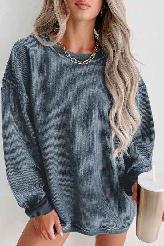 Solid Ribbed Knit Round Neck Pullover Sweatshirt f8e6bbc5-d769-49aa-a63e-6c32d8cedad9