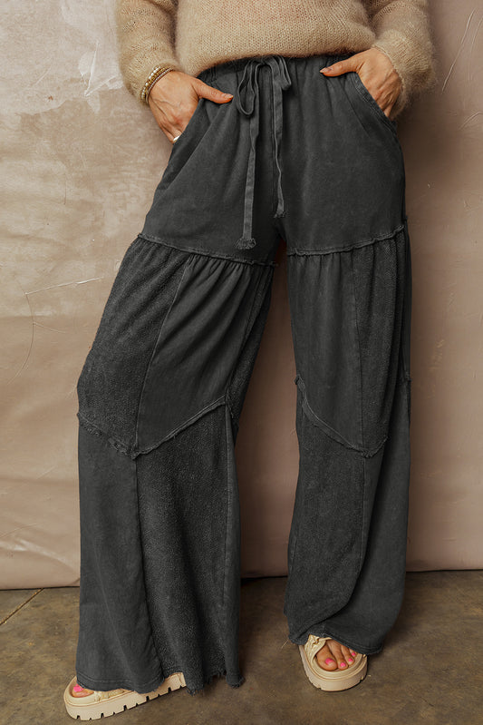 Black Mineral Wash Tiered Wide Leg Patchwork Drawstring Pants f8e7ec89cc210075