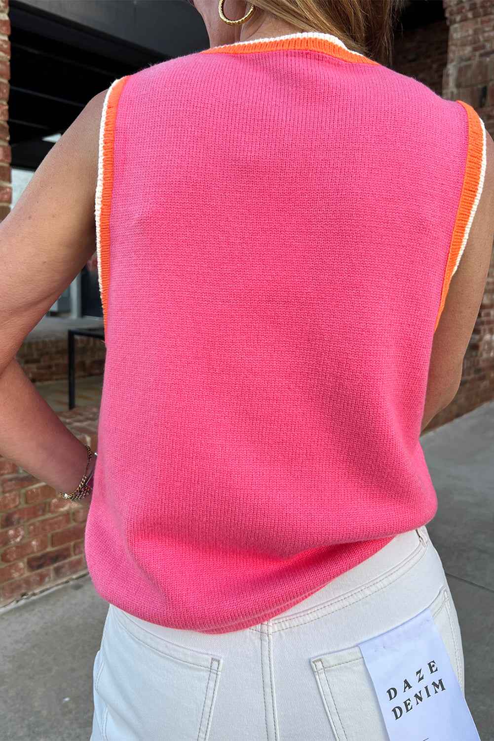 Bright Pink Pearl Embellished Contrast Trim Sleeveless Knit Top f8f0610078609d18