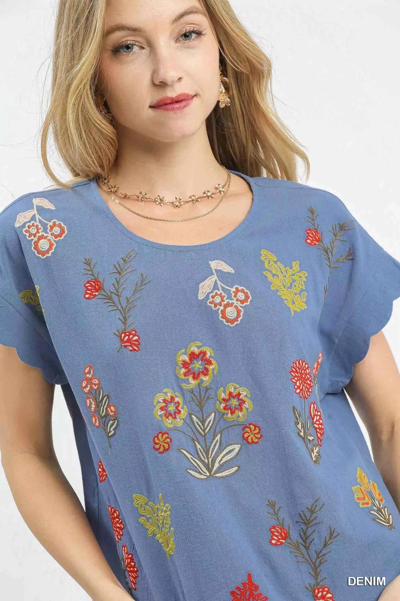 Umgee Embroidered Scallop Sleeve Top with Drawstring Hem f8f34cbd-74e4-4eb3-9042-1d6093c932bd-Max-Origin