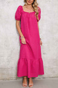 Rose Plaid Square Neck Puff Sleeve Maxi Dress Rose 50%Polyester+50%Cotton f8f76d331e8225ba