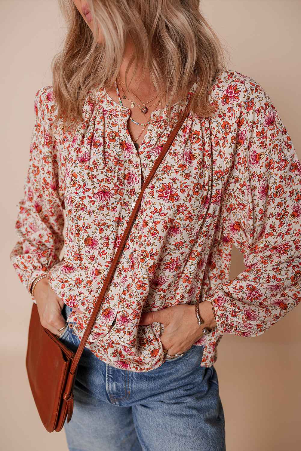 Red Floral Print Pleated Detail Notched Neck Puff Sleeve Blouse f8f8a63364ec3b8a