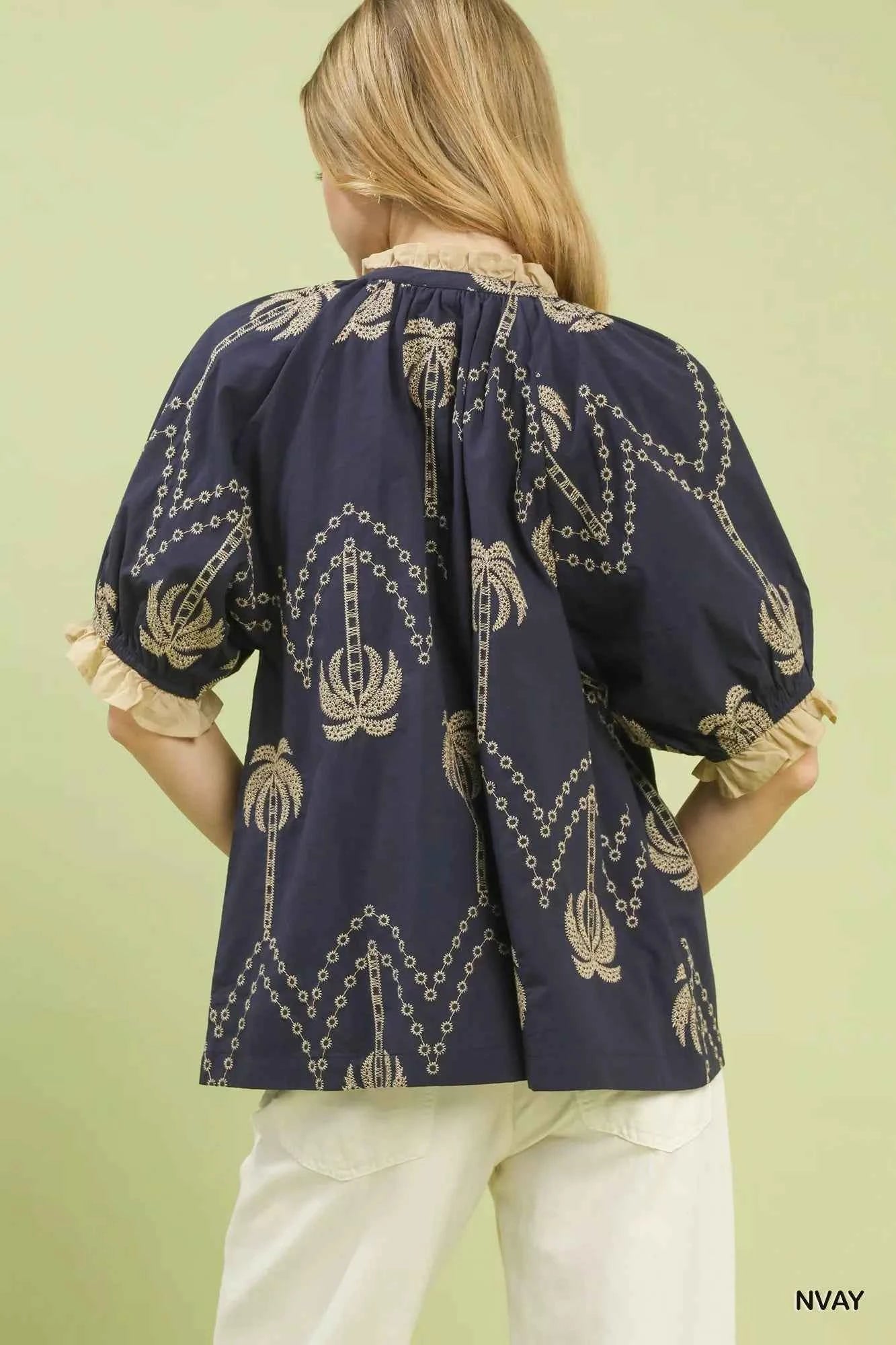 Umgee Embroidered Palm Print Tassel Tie Blouse f8fc6619-95a5-4078-ae23-a82466d0b53a-Max-Origin
