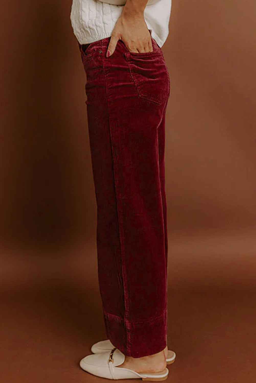 Burgundy Corduroy Solid Color High Waist Wide Leg Pants f8fd92480cf59bc2