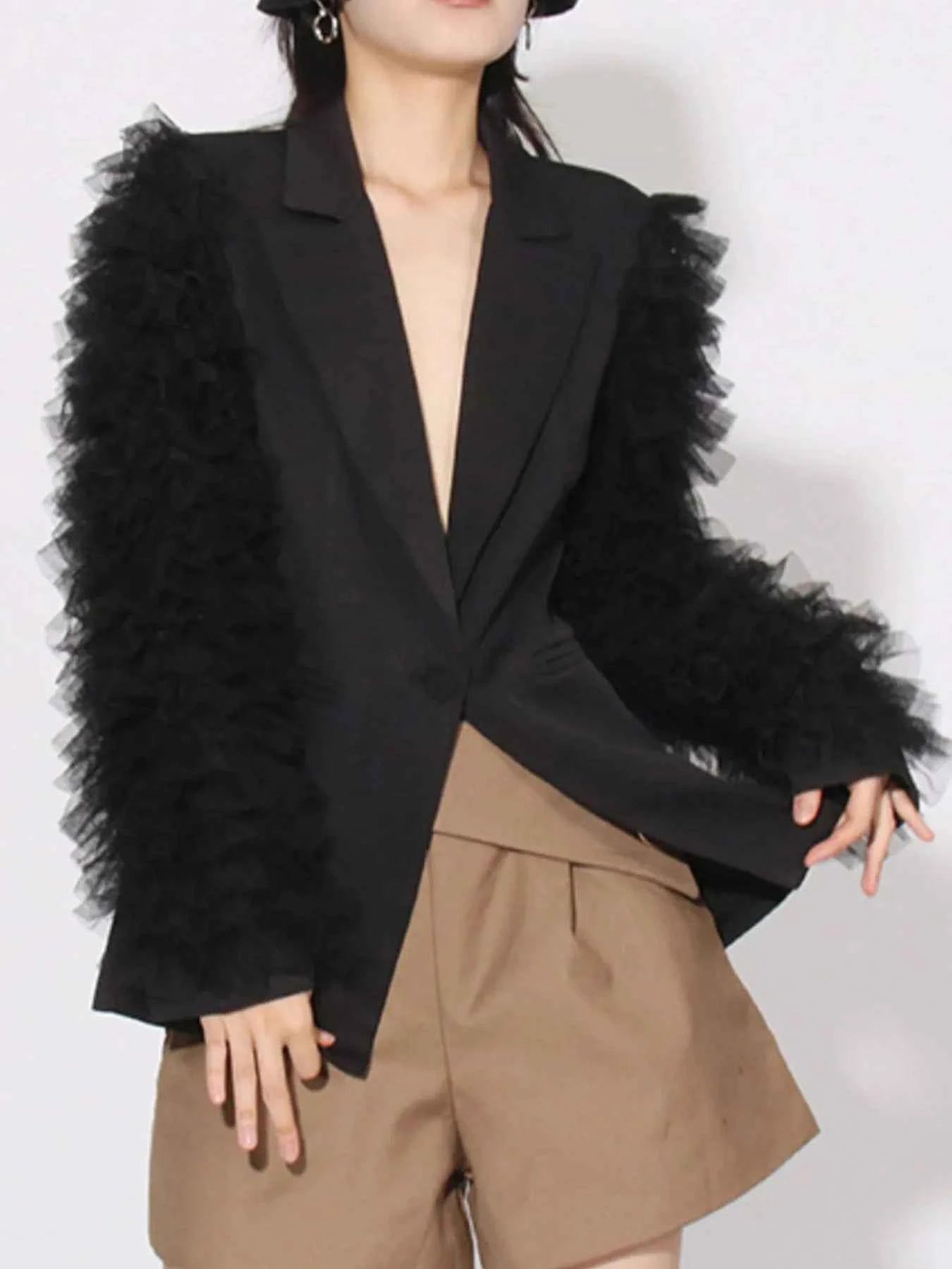 One Button Mesh Long Sleeve Blazer Black f904f6c0-2892-4706-9794-4579db8ccf43-Max-Origin