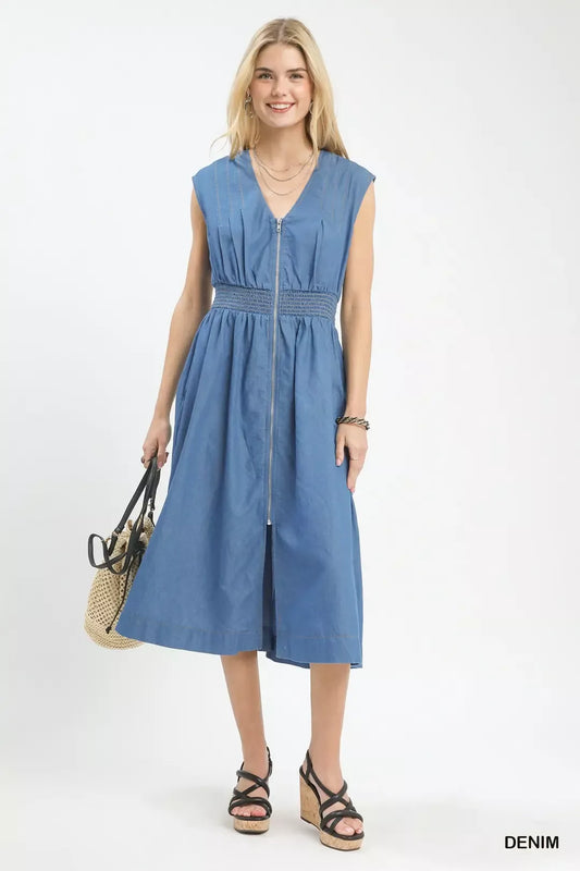 Denim Sleeveless Zip-Front Smocked Waist Midi Dress f905d4f9-07fe-4312-a786-ca64c1e1ae5c-Max-Origin