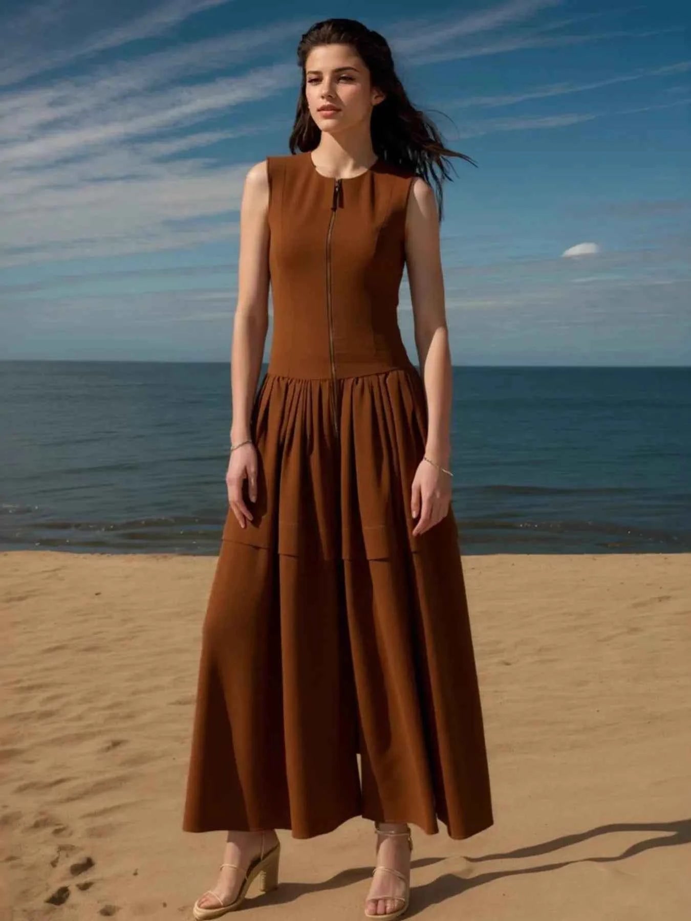 Zip Front Round Neck Sleeveless Dress Brown f9092bd14ef3478ea1cf40212e55a6fa-Max-Origin