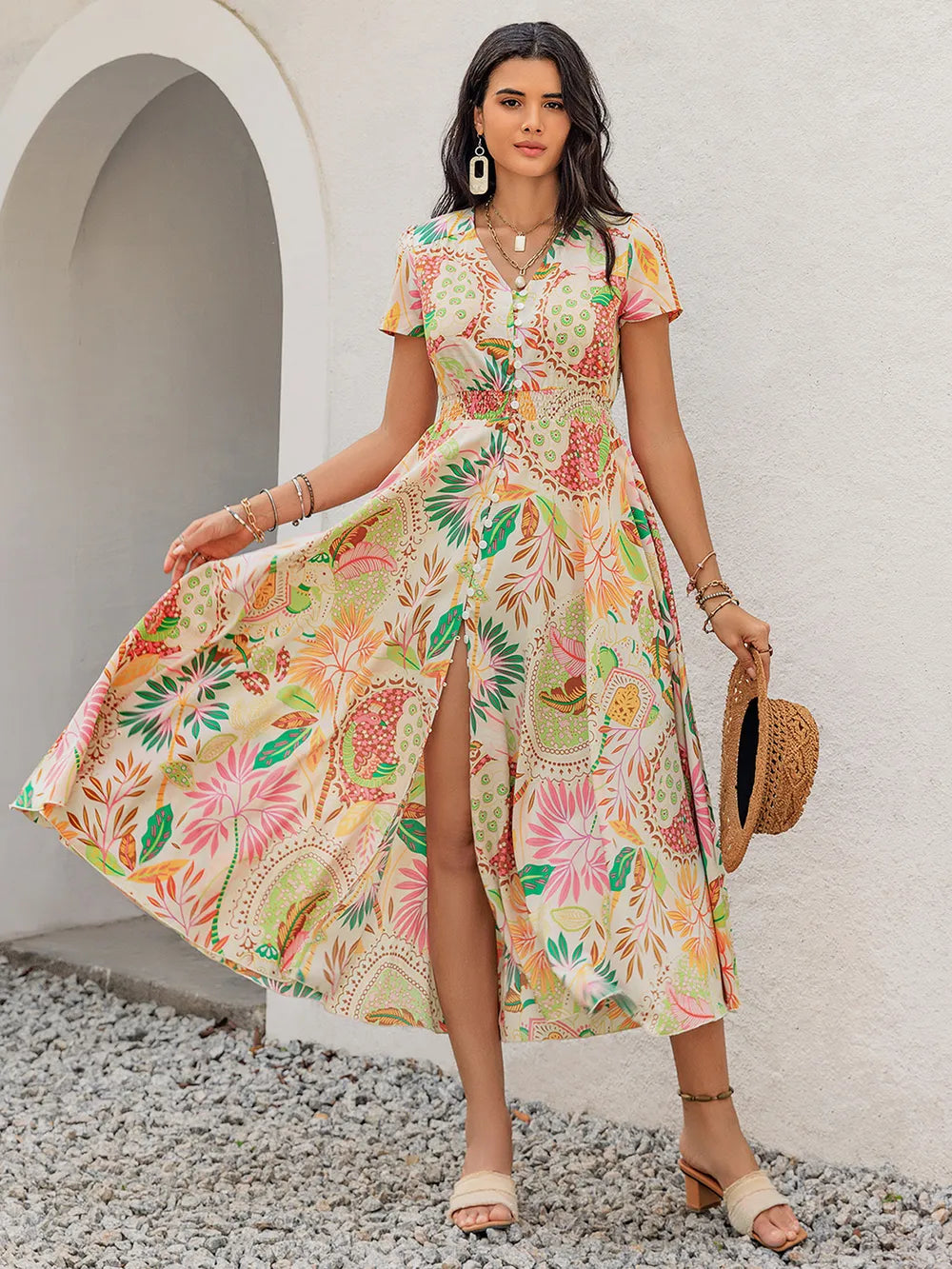 Printed V-Neck Short Sleeve Midi Dress f90ba453-cc60-43dd-9515-a0aac3f9407f-Max