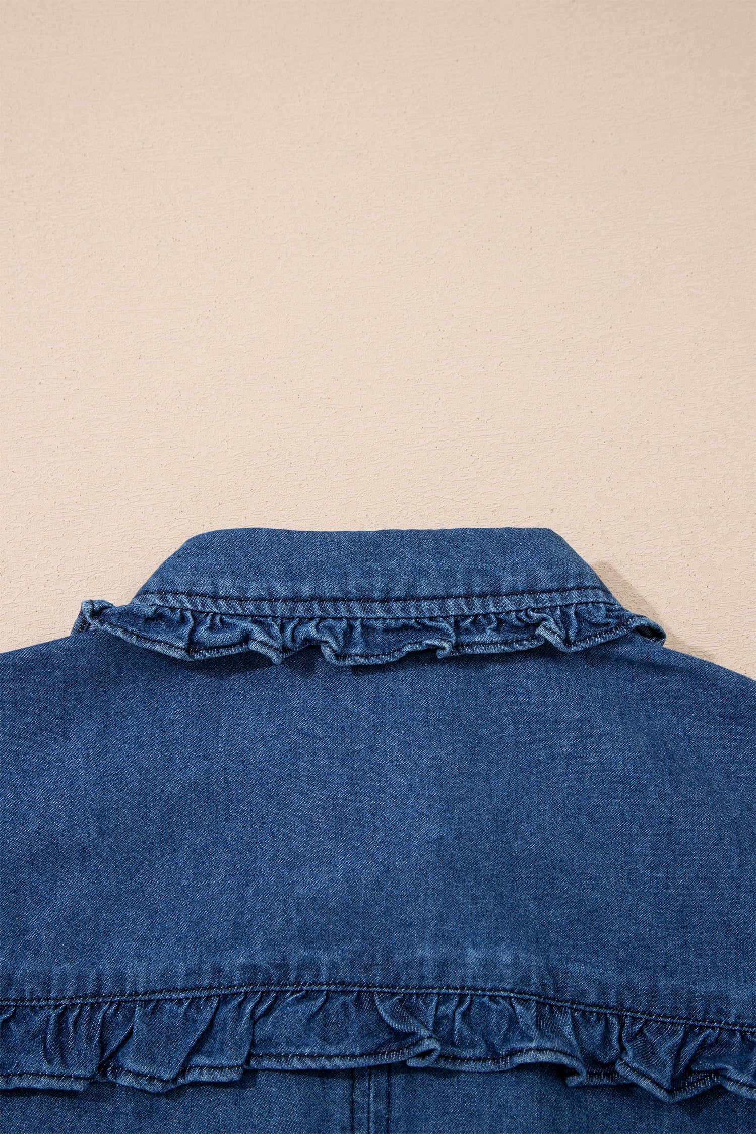 Sail Blue Ruffled Edge Collared Shift Denim Dress with Pockets f90bf76ecb9c9649