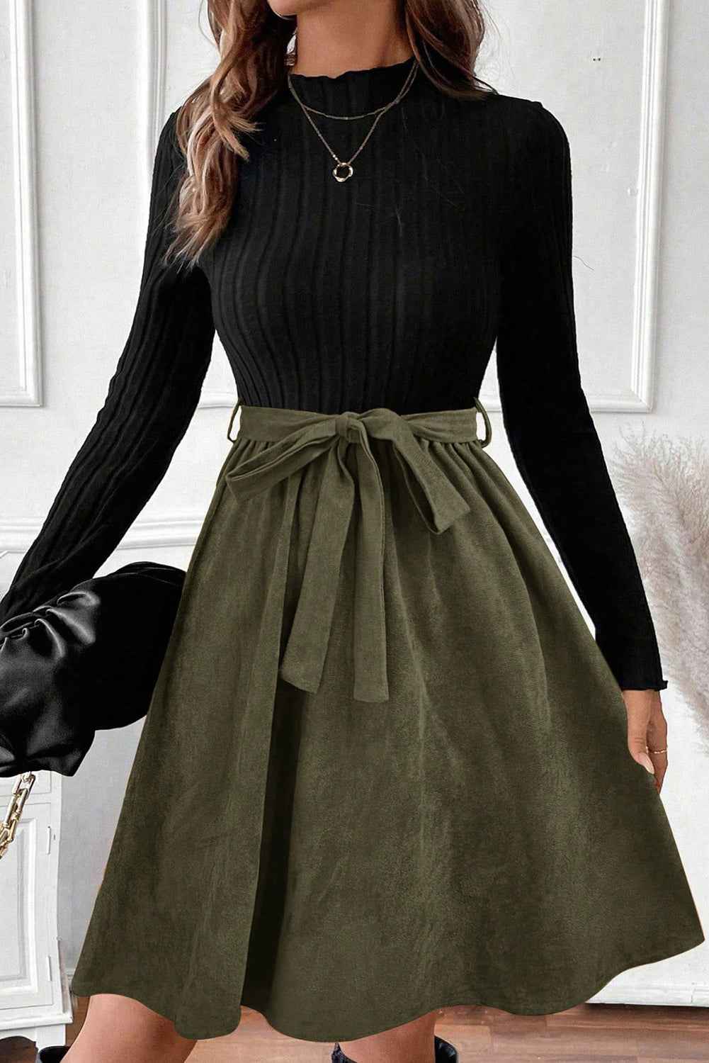 Black Ribbed Knit Slim Bodice Contrast Flared Skirt Patchwork Belted Dress f90ef7613cfba160