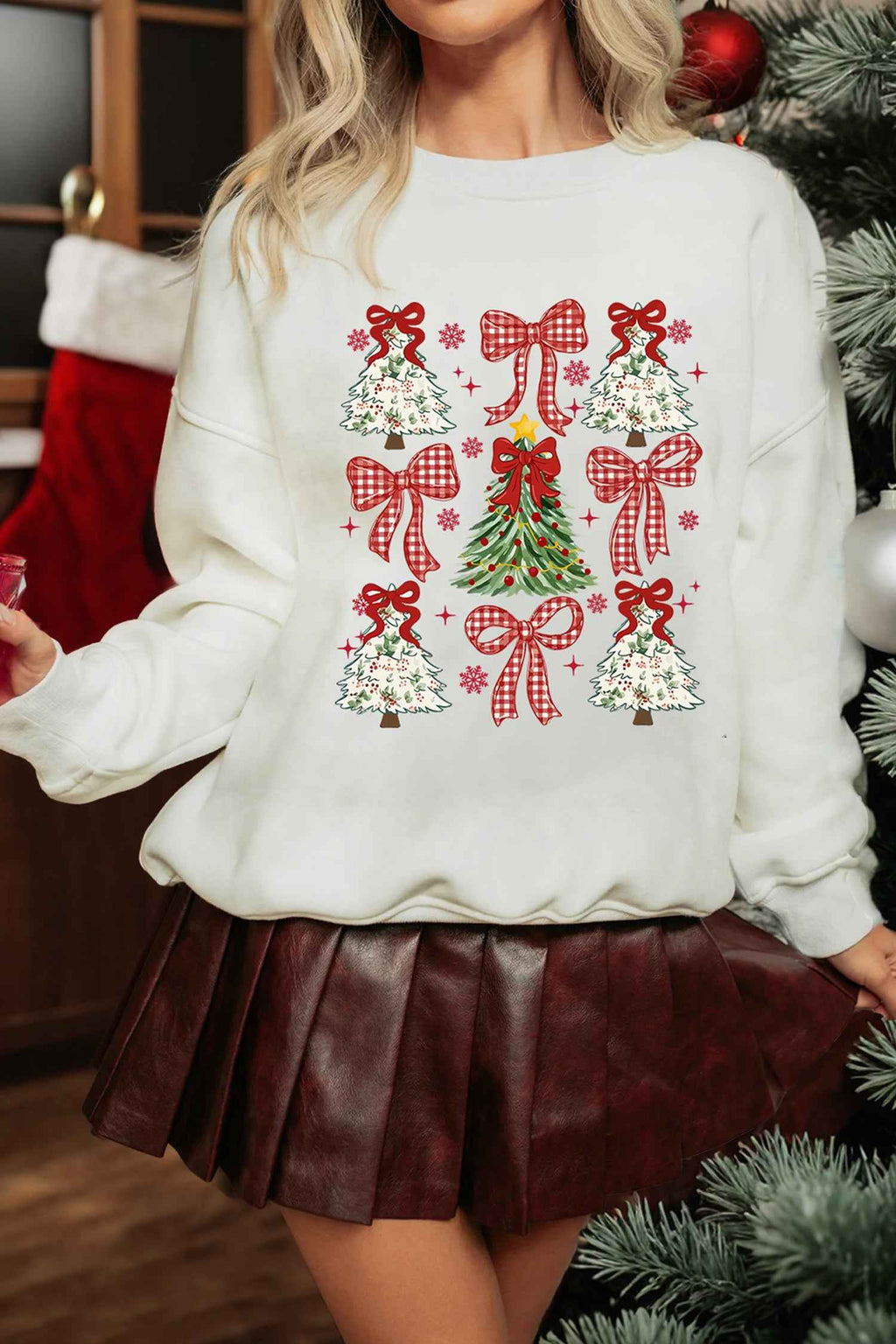 White Christmas Tree Ribbon Bow Printed Drop Shoulder Sweatshirt White 50%Polyester+50%Cotton f90f25efde906daa