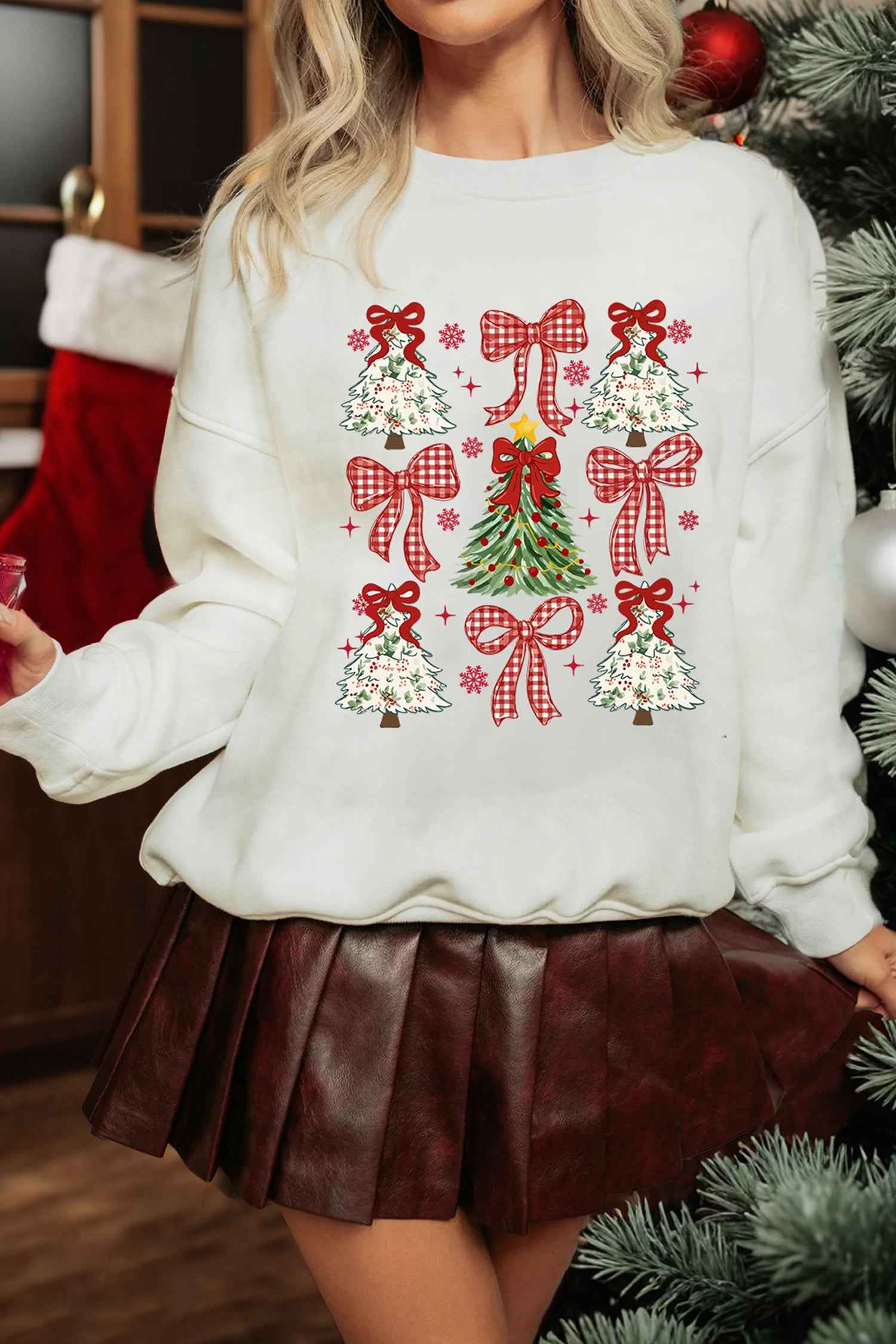 White Christmas Tree Ribbon Bow Printed Drop Shoulder Sweatshirt White 50%Polyester+50%Cotton f90f25efde906daa