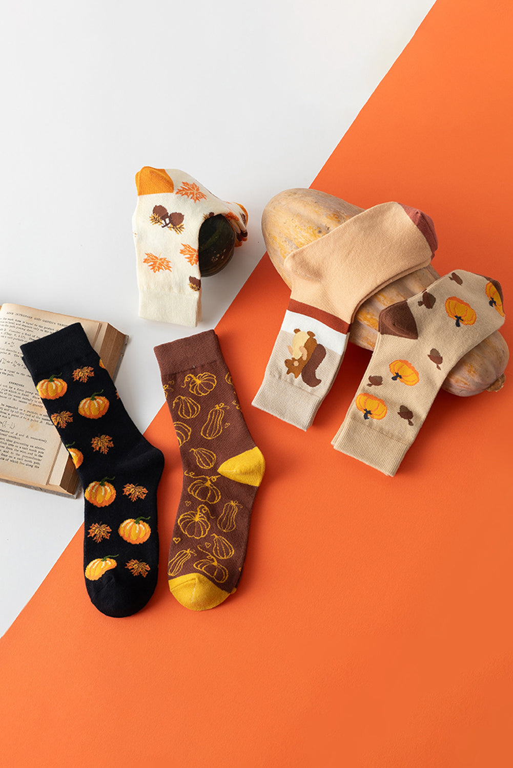 Parchment Pumpkin & Acorn Pattern Combed Cotton Crew Socks f90f81ded0bee9bd