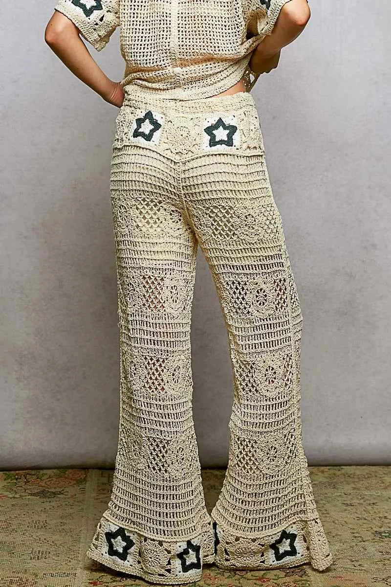 POL Openwork Crochet Flare Pants with Contrast Star