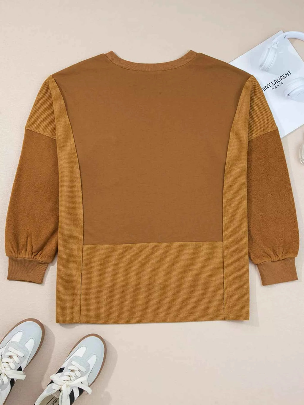 Oversized Textured Split Neck High Low Sweatshirt f9161b2b8ba147b886de0dd6d5849f2c-Max-Origin