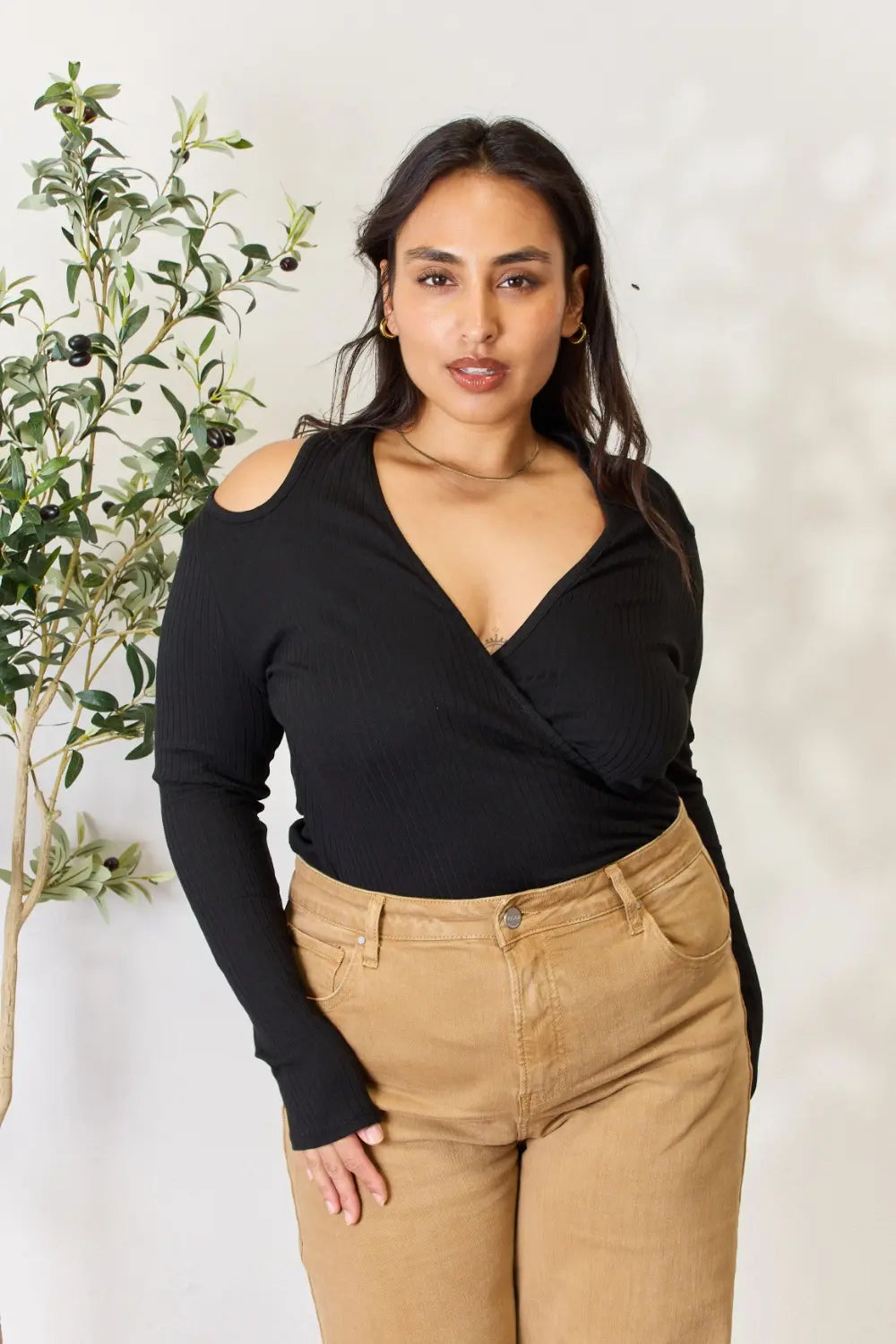 Culture Code Full Size Ribbed Surplice Cold Shoulder Top f92057838f594a3a815eb4f54ee3acb2-Max