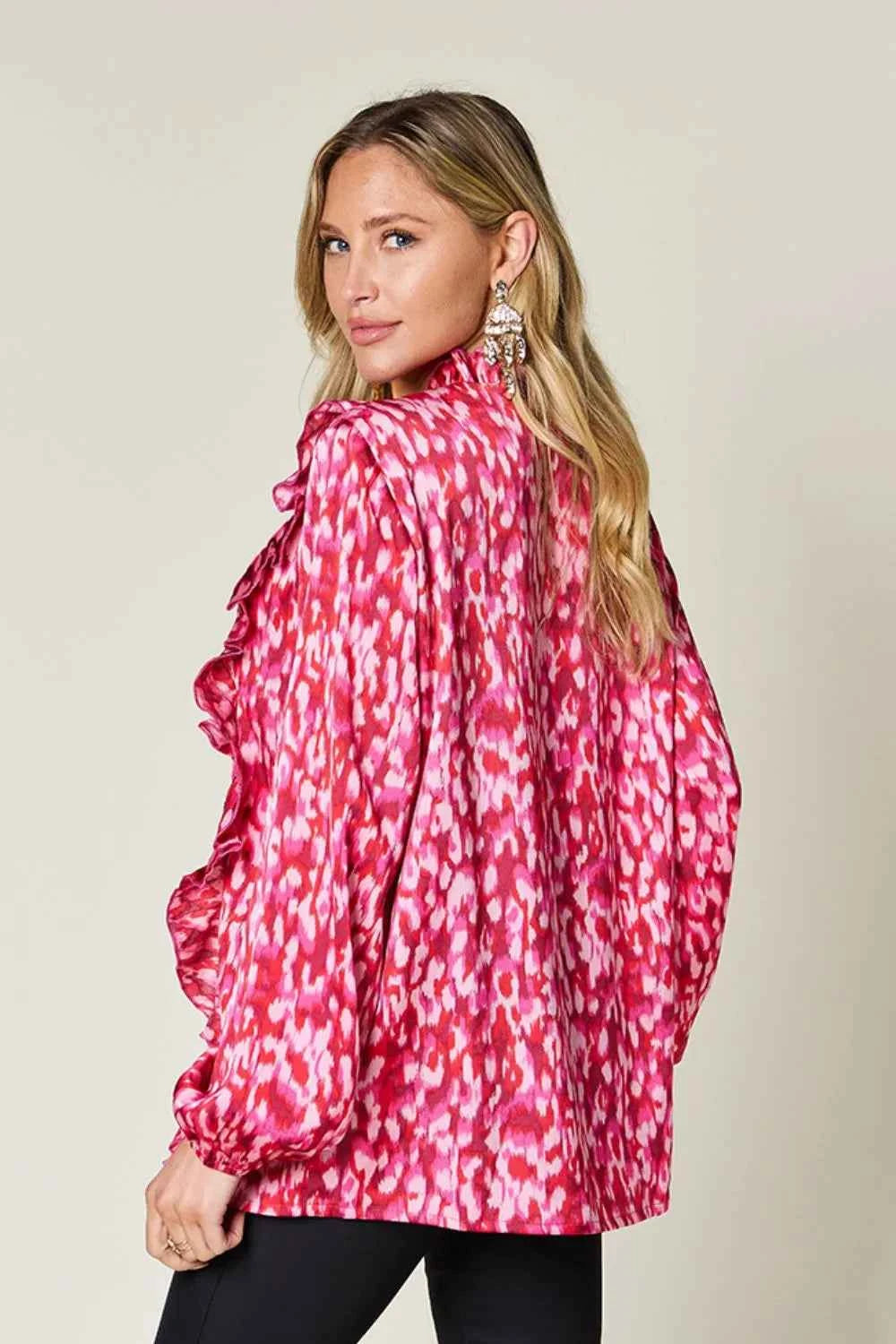 Double Take Full Size Printed Ruffle Trim Balloon Sleeve Shirt f922de9c-f4bb-495a-8b67-8ca59e428f1f-Max