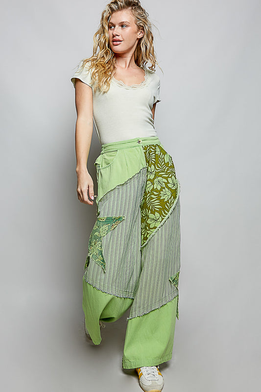 Striped Floral Patchwork Wide leg Pants with Side Big Star Patch f9279d96-04fb-43bc-b1ff-c25078247959-Max