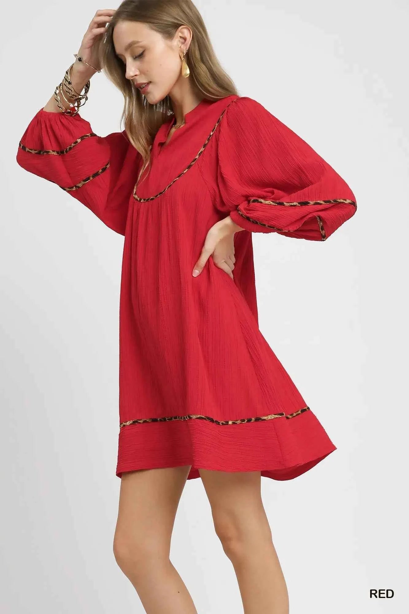 Umgee Textured Babydoll Dress with Leopard Trim f929e052-bea6-4868-bc68-d5c95e119d18-Max-Origin