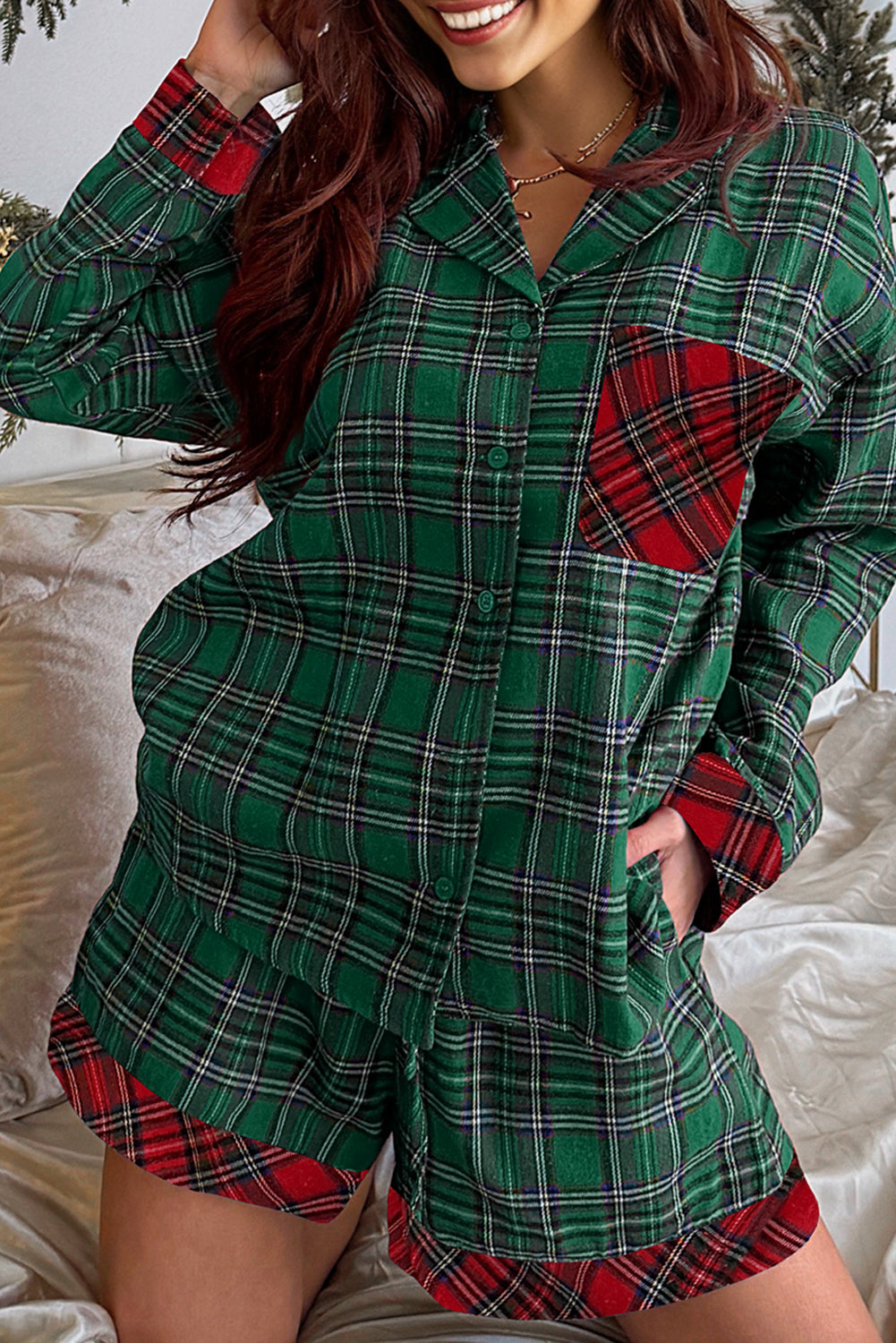 Green Plaid Christmas Holiday Patchwork Long Sleeve Shirt and Shorts Pajama Set Green 59%Polyester+41%Cotton f92a63373e970cfc