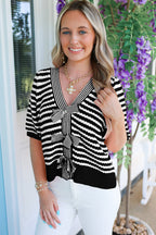 Green Stripe Short Sleeve Knit V Neck Bow Knot Sweater f92a865f02b92c60