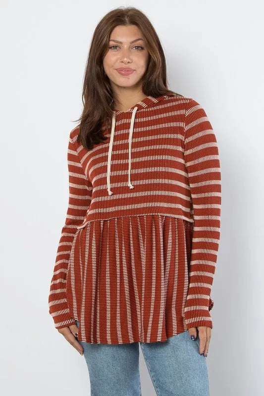 Be Stage Full Size Drawstring Striped Babydoll Hoodie Rust f92db1de-65c3-465f-9b4f-090b49719816-Max