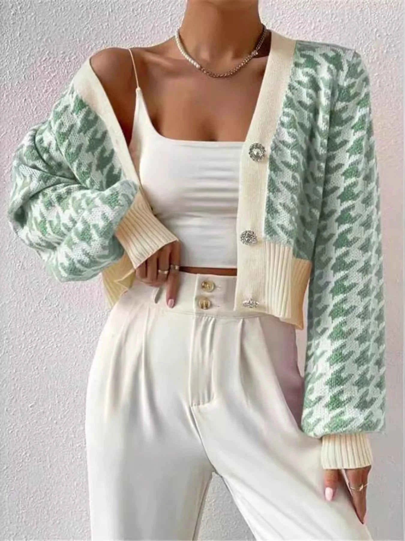 Houndstooth V-Neck Button Up Cardigan f92fc33c7bfc46fab7170ab4b2a6a1e2-Max-Origin