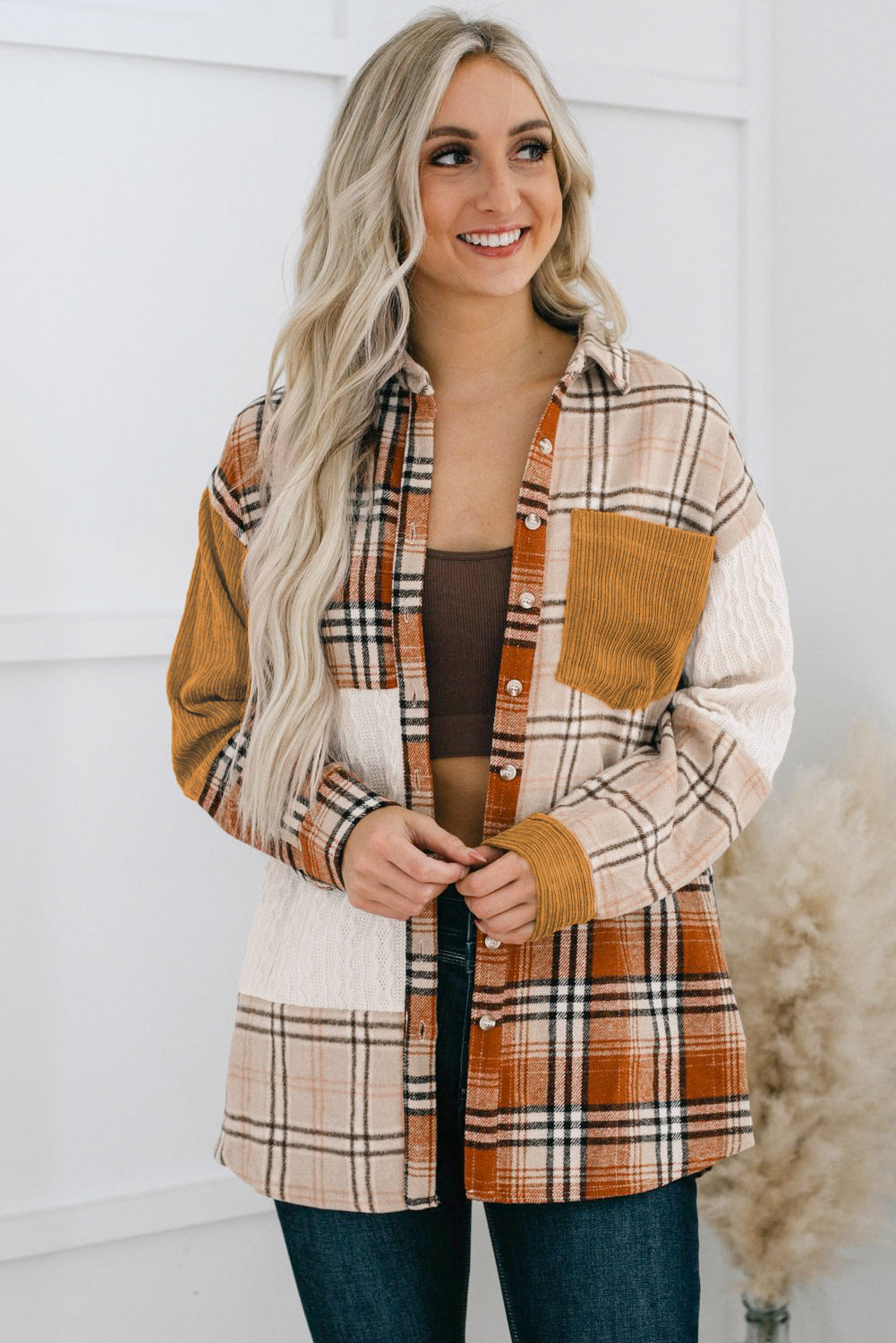 Orange Plaid Color Block Patchwork Pocket Shirt Shacket f931bf0049e27175