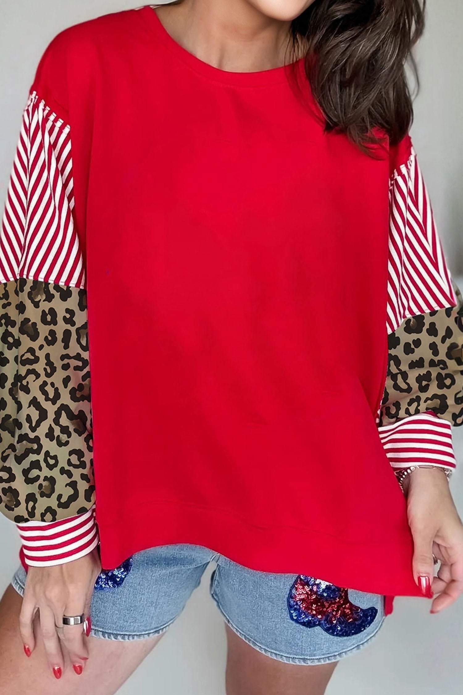 Racing Red Striped Patchwork Sleeve Colorblock Sweatshirt Racing Red 65%Polyester+35%Cotton f931e1b66c08a564