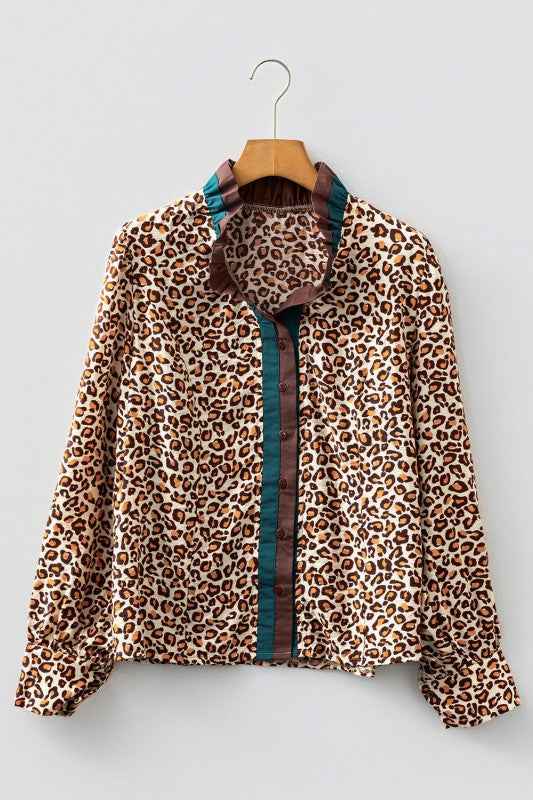 Leopard Contrast Frilled Trim Button-Up Shirt Brown f93830fb-af12-4251-a948-a124183f3c3e