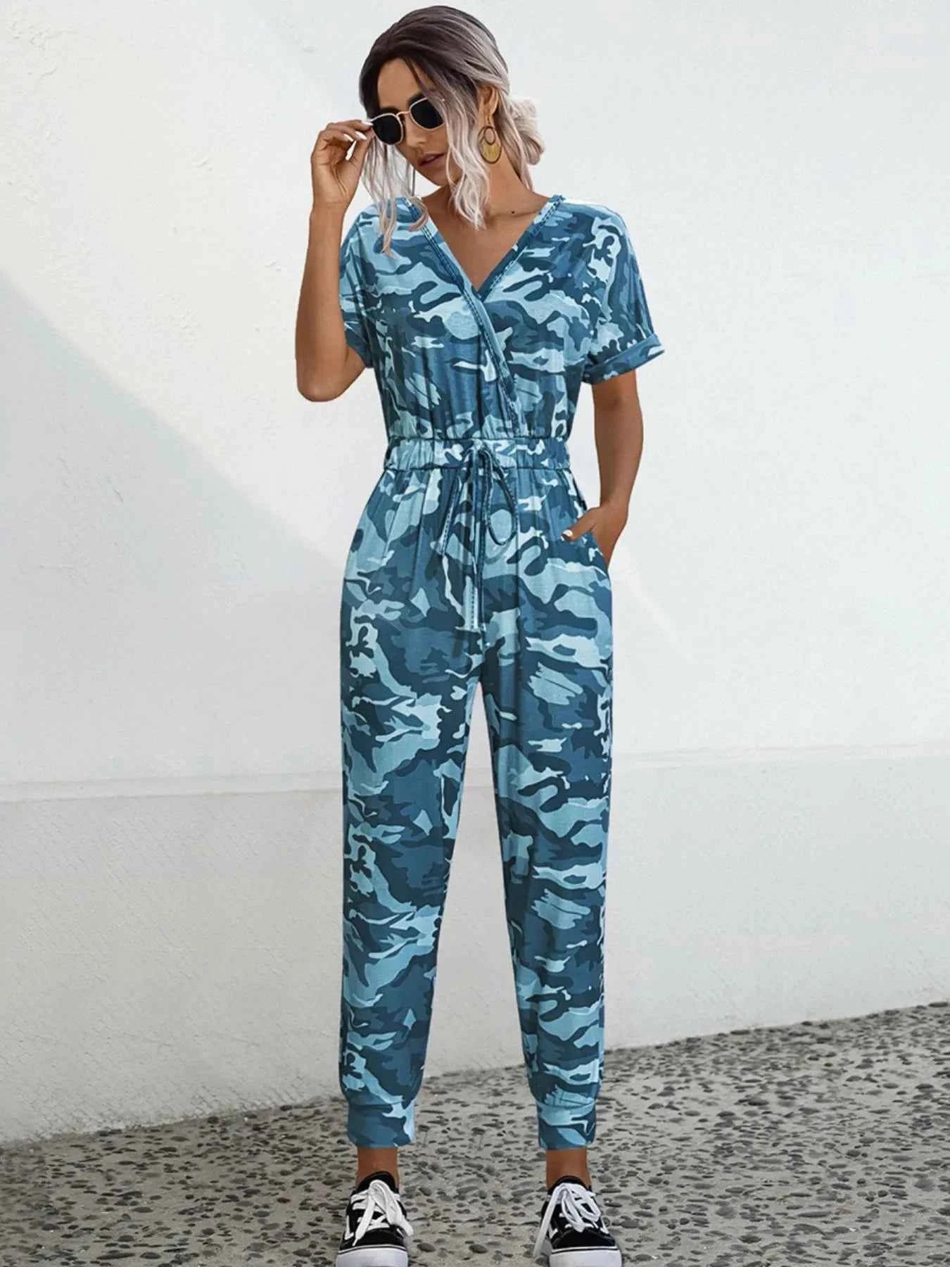 Drawstring Waist Short Sleeve Jumpsuit Blue Camouflage f93cb4a0-42c0-4f51-bfd8-ace903c0d344-Max-Origin