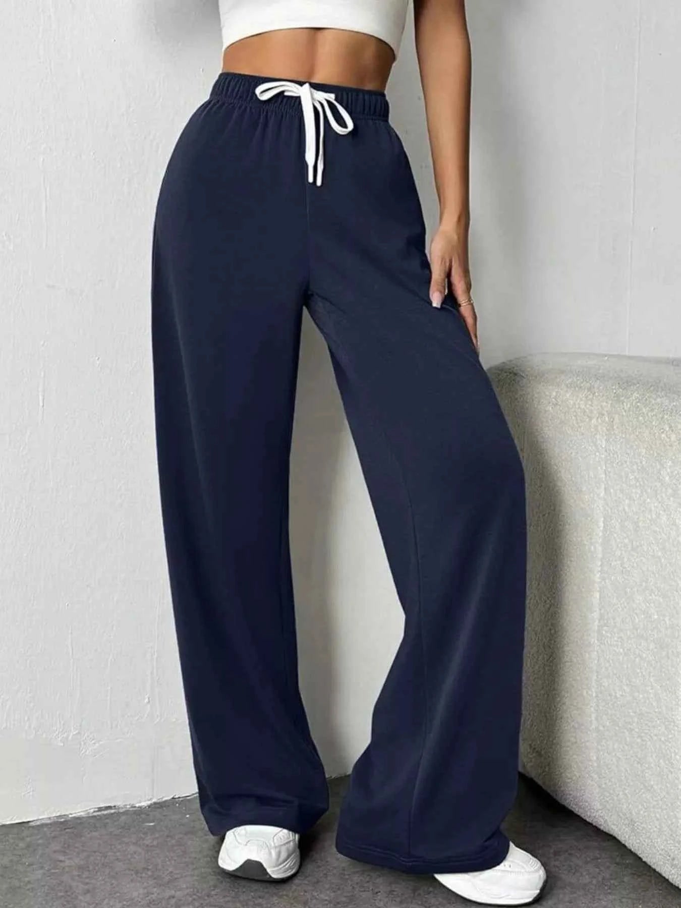 Drawstring Wide Leg Pants Navy Blue f9438940-d68f-4dac-88ab-490167578d40-Max-Origin