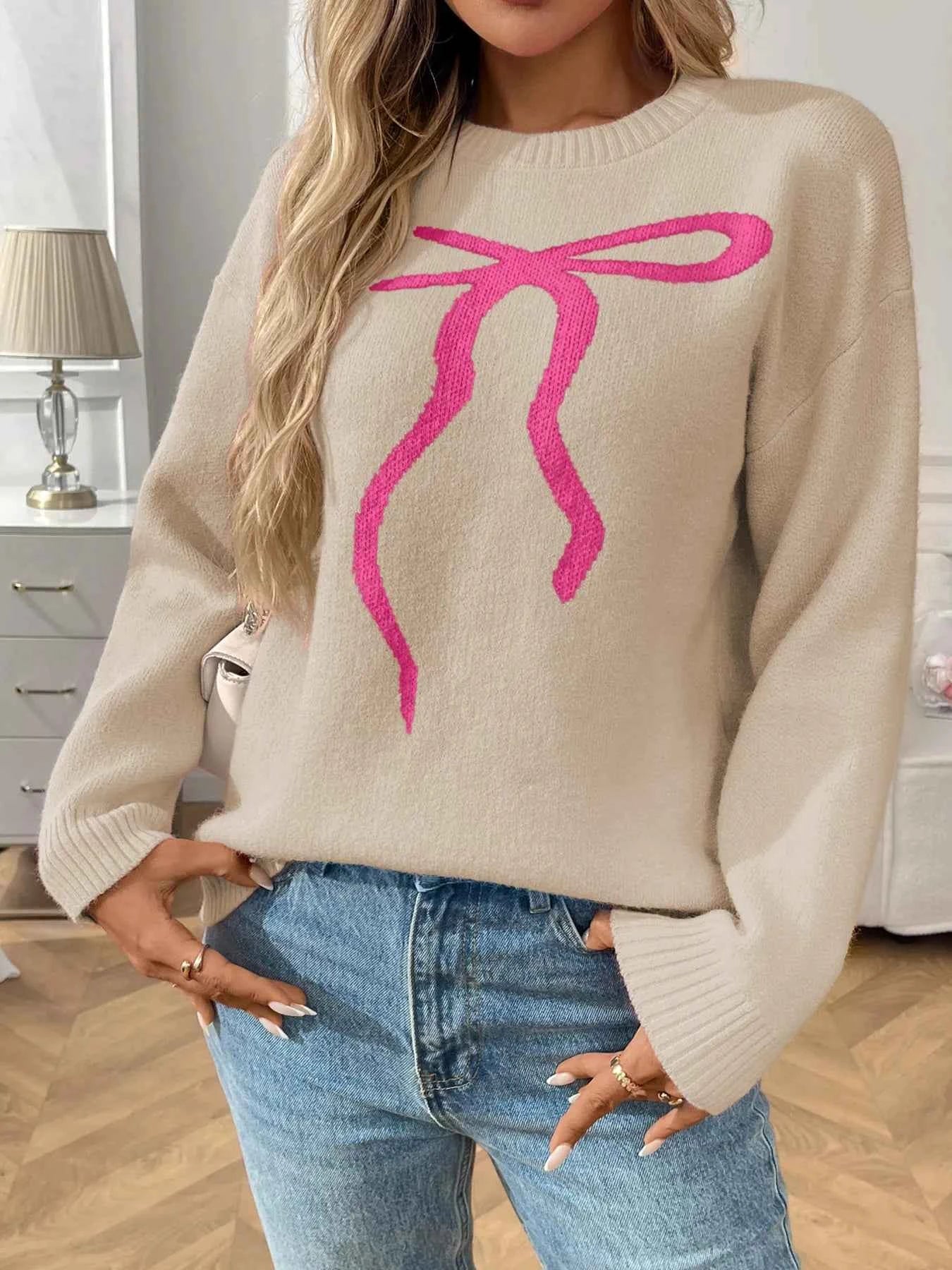 Bow Graphic Ribbed Hem Round Neck Sweater Apricot f943be5355564e54a5a0c76824e7a43a-Max-Origin