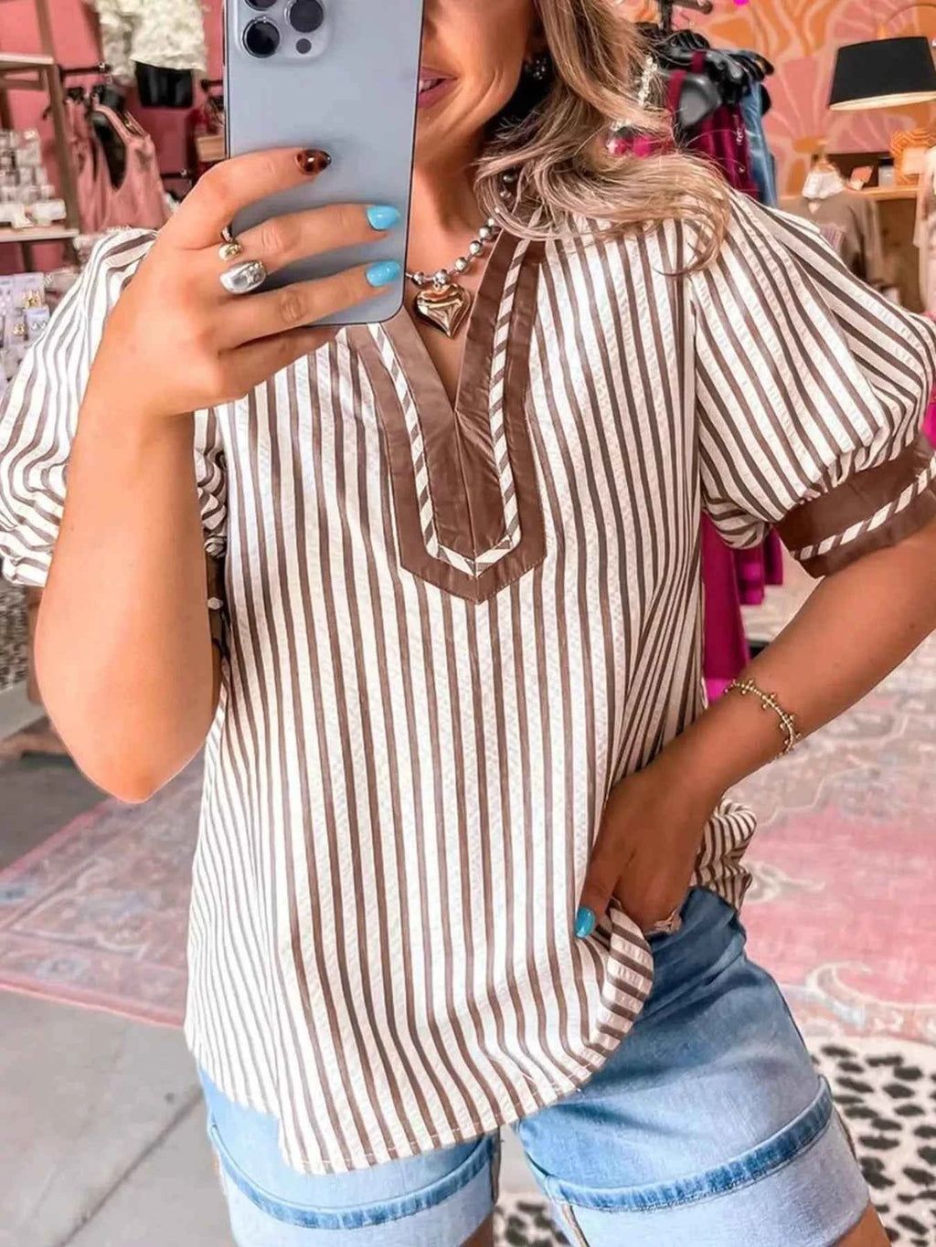 Stripe Collared Split Neck Short Bubble Sleeve Blouse