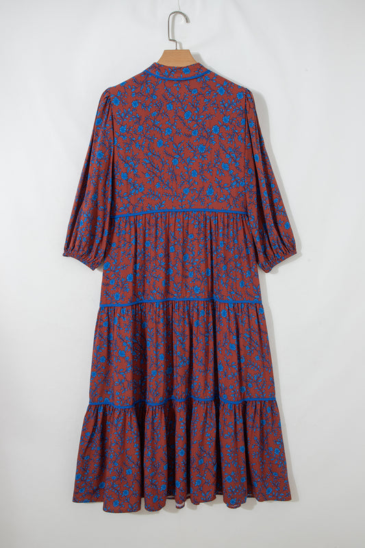 Brown 3/4 Puff Sleeve Tiered Loose Floral Dress f94f2f3fe462a1e1