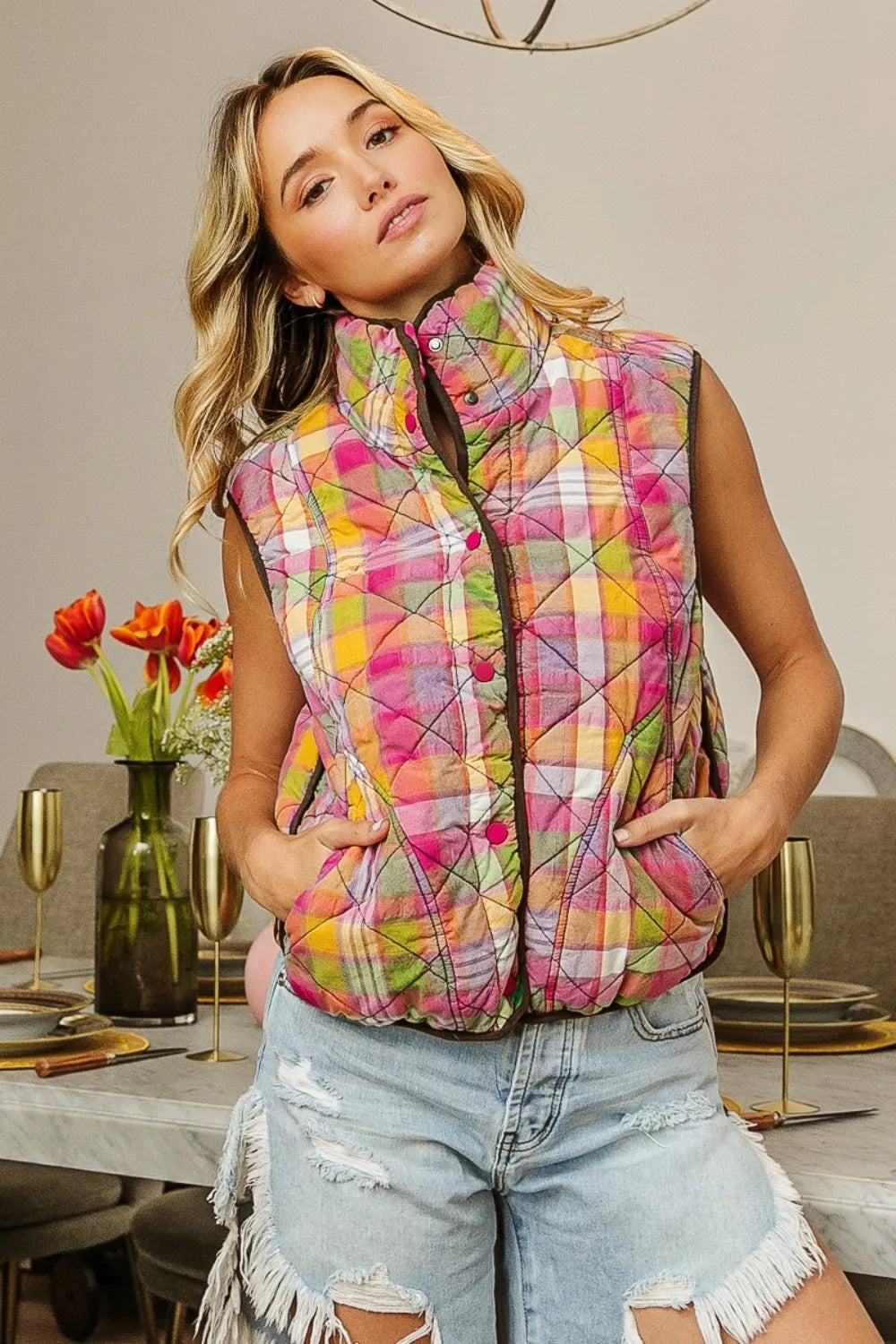 BiBi Quilted Washed Plaid Snap Down Vest f9564a0a-8886-4d14-90dc-c11cb6dd005f-Max