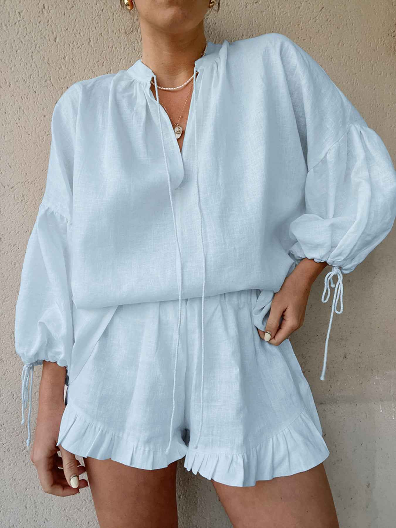 Tie Neck Balloon Sleeve Blouse and Shorts Set Light Blue f95cb453addc4aac881bf3b05cd13ff7-Max