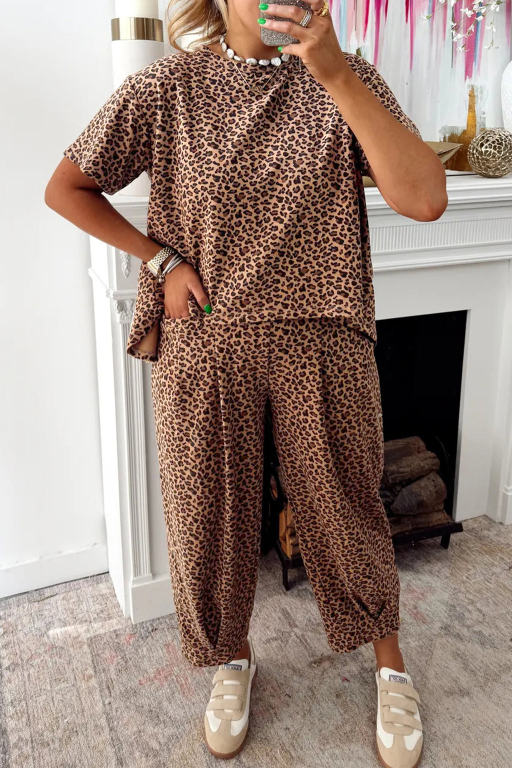 Brown Leopard Loose Tee Drawstring Waist Barrel Pants Set Brown 95%Polyester+5%Elastane f96c106466fbdcf2