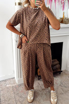 Brown Leopard Loose Tee Drawstring Waist Barrel Pants Set Brown 95%Polyester+5%Elastane f96c106466fbdcf2