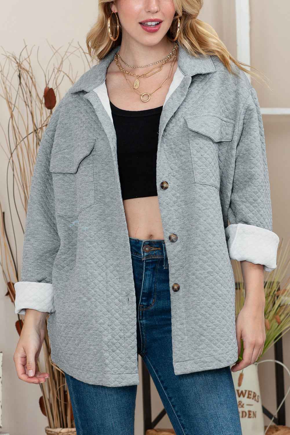 Gray Lattice Texture Retro Flap Pocket Button Quilted Shacket Gray 95%POLYESTER+5%ELASTANE f96ff6e503ef7f75