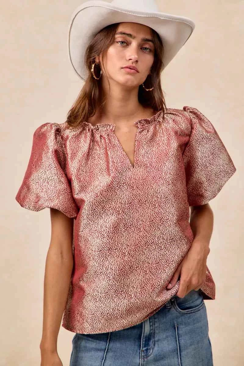 BiBi Jacquard Woven Short Balloon Sleeves V Neck Top f970aa133e8c41d9845a9ac0706322ba-Max-Origin