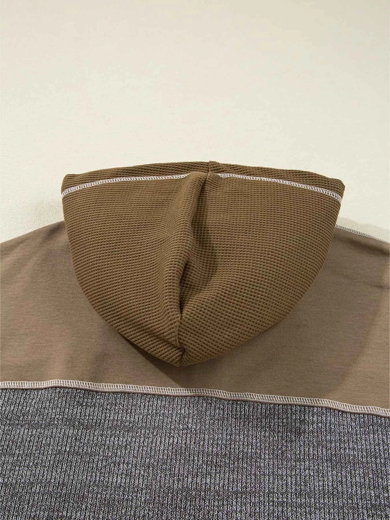Mixed Texture Patchwork Exposed Seam Half Button Hoodie f9731570259a47559552c66db71ab998-Max-Origin