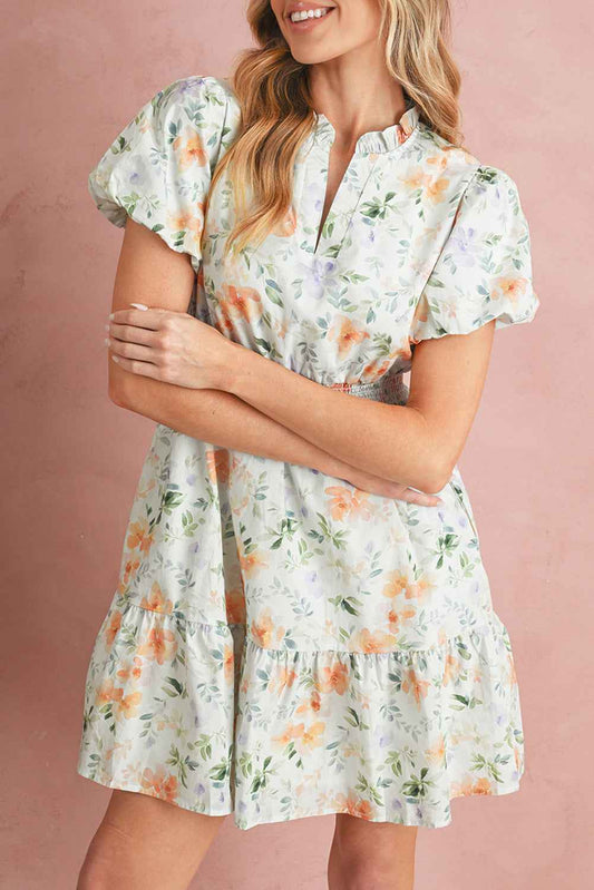 Beige Floral Print Smocked High Waist Puff Sleeve Mini Dress Beige 100%Cotton f973b24385ae0938