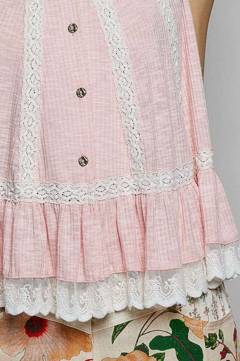POL Lace Trim Ruffle Hem Button Detail Round Neck Sleeveless Top f975c74c-bf6d-44bd-b7c4-7b6fa99be47c-Max