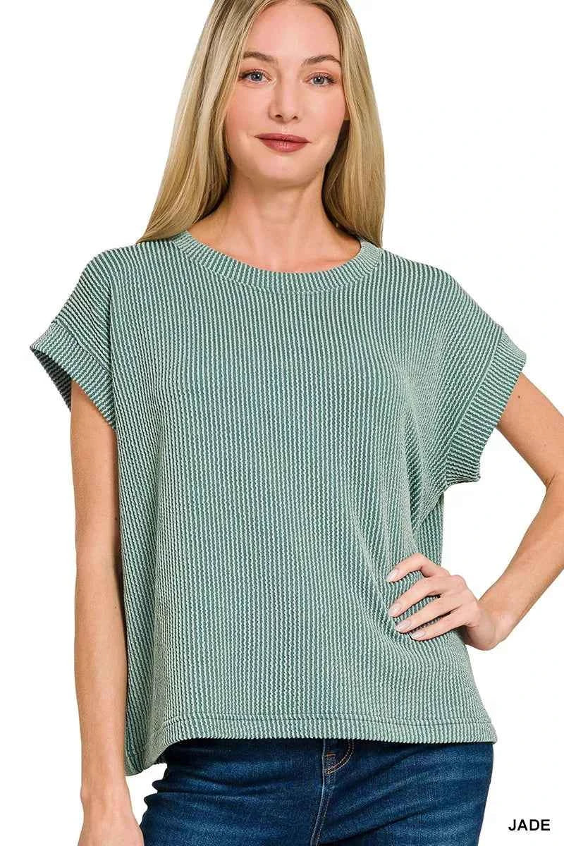 Zenana Raised Rib Cap Sleeve Top & Shorts Set f97add681f7640538418d2009482618b-Max-Origin