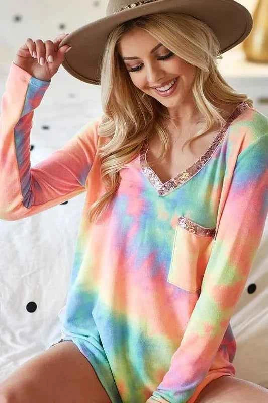 BiBi Tie Dye V-neck Terry Knit Top With Sequins f97e71dd509e42178275173b105f13cd-Max-Origin