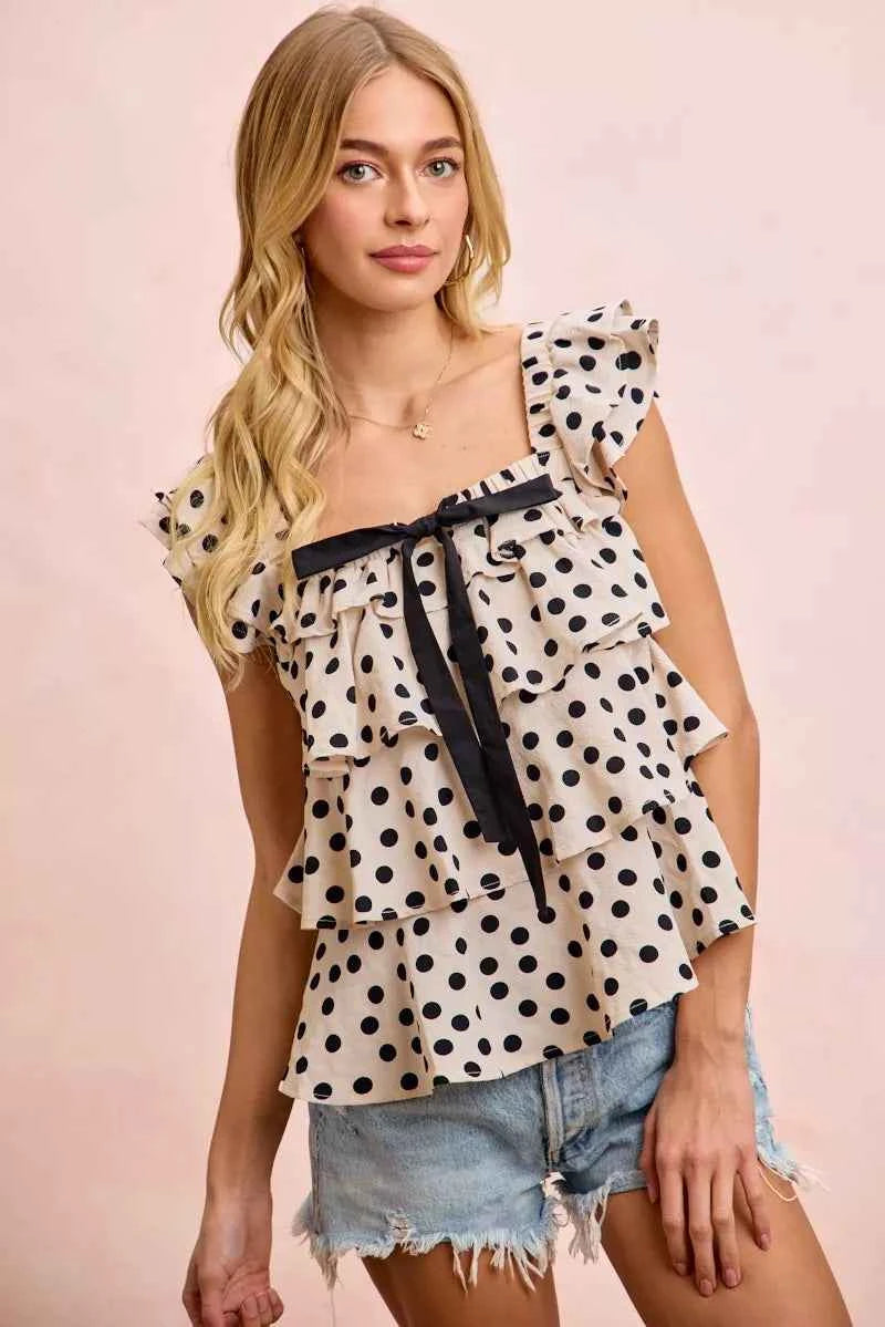 BiBi Polka Dot Ruffled Bow Tied Square Neck Sleeveless Top f97eb352cb7141fc818a7da61c556188-Max-Origin